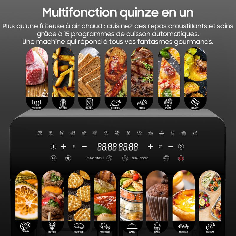 Friteuse à air XXL 23 L avec double porte et fenêtre d’observation | Friteuse à air 2 zones 2200 W avec plaque de séparation amovible, 15 programmes, four électrique intelligent, écran tactile LED, broche rotative, 12 accessoires — vignette 5