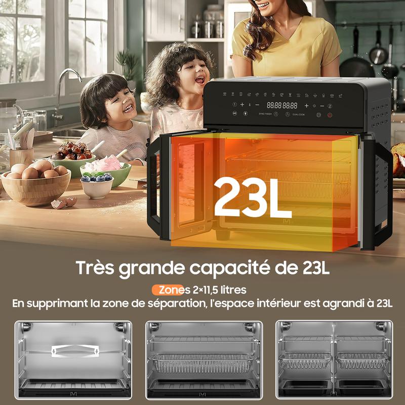 Friteuse à air XXL 23 L avec double porte et fenêtre d’observation | Friteuse à air 2 zones 2200 W avec plaque de séparation amovible, 15 programmes, four électrique intelligent, écran tactile LED, broche rotative, 12 accessoires — vignette 8