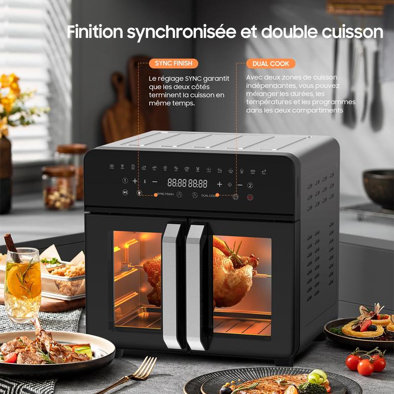 Friteuse à air XXL 23 L avec double porte et fenêtre d’observation | Friteuse à air 2 zones 2200 W avec plaque de séparation amovible, 15 programmes, four électrique intelligent, écran tactile LED, broche rotative, 12 accessoires — vignette 9