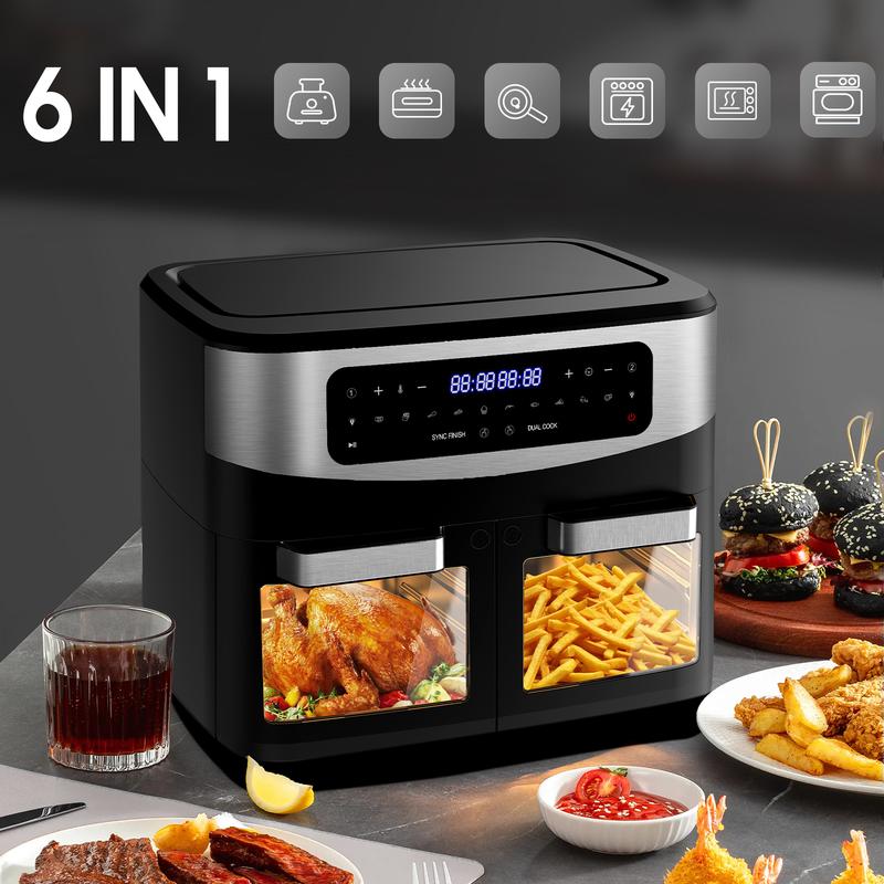 Friteuse à Air XXL BBQ 12L Dual Zone – 2600W Airfryer avec fenêtre | Double chambre avec séparateur amovible & paniers, LED tactile, 10 programmes, barbecue intérieur, sain & peu gras, arrêt automatique, Noir — vignette 3