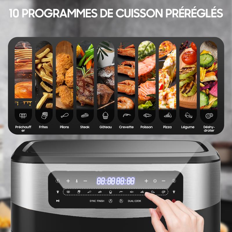 Friteuse à Air XXL BBQ 12L Dual Zone – 2600W Airfryer avec fenêtre | Double chambre avec séparateur amovible & paniers, LED tactile, 10 programmes, barbecue intérieur, sain & peu gras, arrêt automatique, Noir — vignette 4