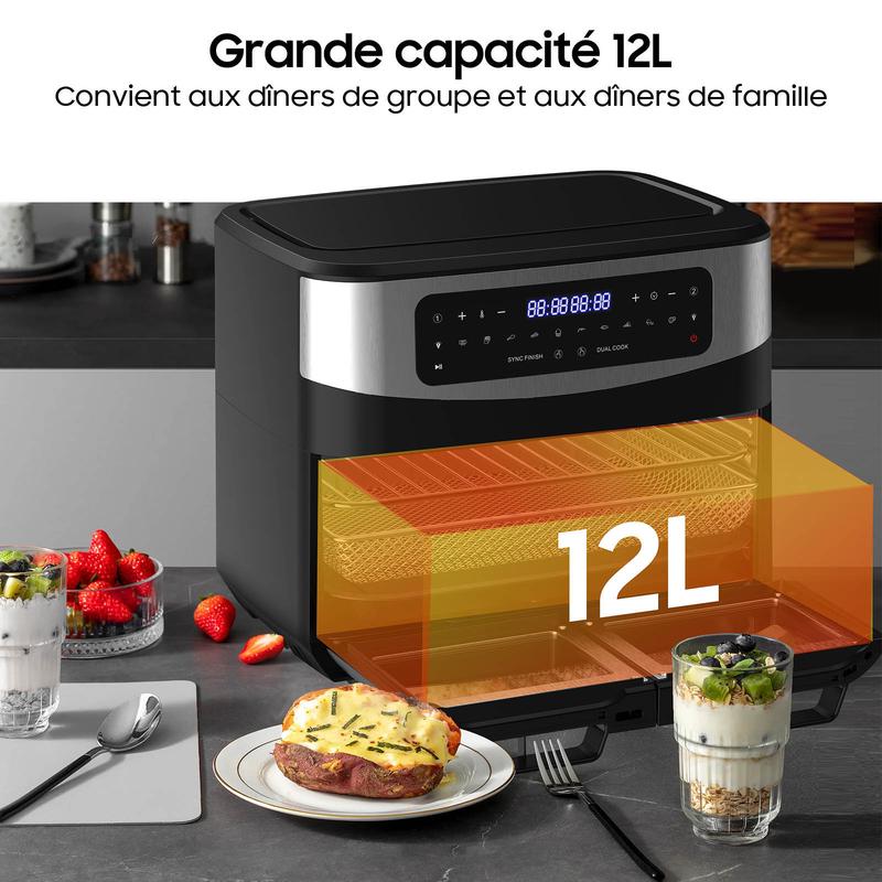 Friteuse à Air XXL BBQ 12L Dual Zone – 2600W Airfryer avec fenêtre | Double chambre avec séparateur amovible & paniers, LED tactile, 10 programmes, barbecue intérieur, sain & peu gras, arrêt automatique, Noir — vignette 5