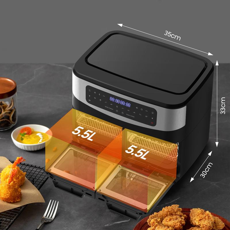 Friteuse à Air XXL BBQ 12L Dual Zone – 2600W Airfryer avec fenêtre | Double chambre avec séparateur amovible & paniers, LED tactile, 10 programmes, barbecue intérieur, sain & peu gras, arrêt automatique, Noir — vignette 6