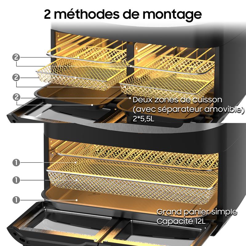 Friteuse à Air XXL BBQ 12L Dual Zone – 2600W Airfryer avec fenêtre | Double chambre avec séparateur amovible & paniers, LED tactile, 10 programmes, barbecue intérieur, sain & peu gras, arrêt automatique, Noir — vignette 7
