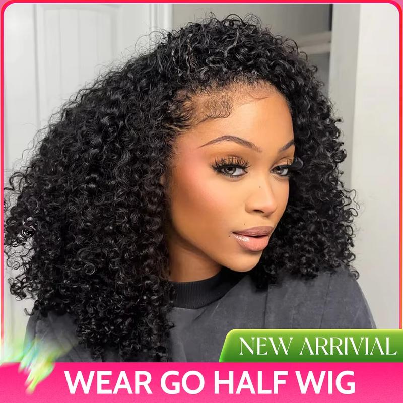 Full Machine Made Half Head Human Hair Wig Kinky Curly Wig Deep Wave Wig Brazilian Human Hair Half Wig for Women Beginner Friendly Headband Wig for Women