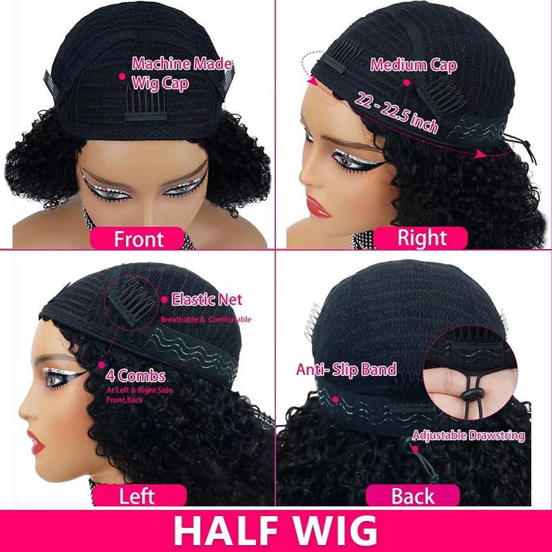 Full Machine Made Half Head Human Hair Wig Kinky Curly Wig Deep Wave Wig Brazilian Human Hair Half Wig for Women Beginner Friendly Headband Wig for Women — vignette 8