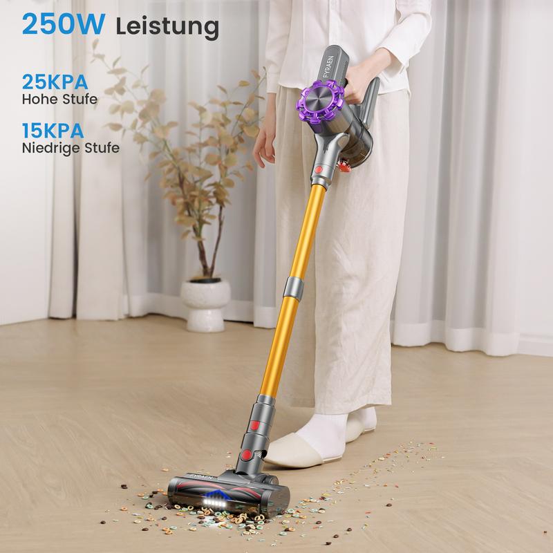 FYRAEN Aspirateur sans fil, 250 W/25 000 Pa, aspirateur portatif sans fil de 45 minutes, avec écran tactile LED, conception anti-emmêlement, orientable verticalement, convient pour les tapis/sols durs/poils d’animaux — vignette 3