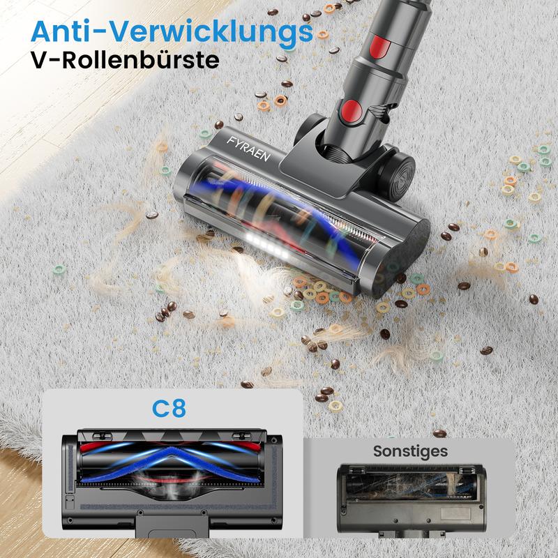 FYRAEN Aspirateur sans fil, 250 W/25 000 Pa, aspirateur portatif sans fil de 45 minutes, avec écran tactile LED, conception anti-emmêlement, orientable verticalement, convient pour les tapis/sols durs/poils d’animaux — vignette 4