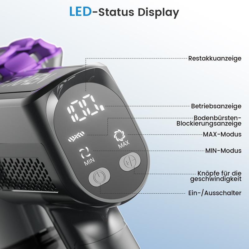FYRAEN Aspirateur sans fil, 250 W/25 000 Pa, aspirateur portatif sans fil de 45 minutes, avec écran tactile LED, conception anti-emmêlement, orientable verticalement, convient pour les tapis/sols durs/poils d’animaux — vignette 5