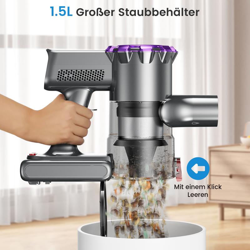 FYRAEN Aspirateur sans fil, 250 W/25 000 Pa, aspirateur portatif sans fil de 45 minutes, avec écran tactile LED, conception anti-emmêlement, orientable verticalement, convient pour les tapis/sols durs/poils d’animaux — vignette 6
