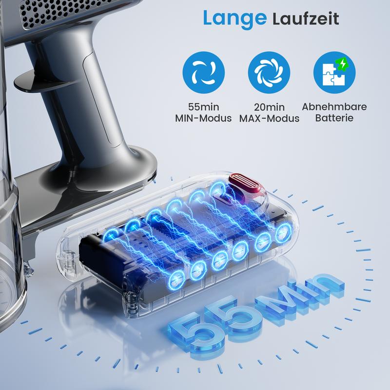 FYRAEN Aspirateur sans fil, 250 W/25 000 Pa, aspirateur portatif sans fil de 45 minutes, avec écran tactile LED, conception anti-emmêlement, orientable verticalement, convient pour les tapis/sols durs/poils d’animaux — vignette 7