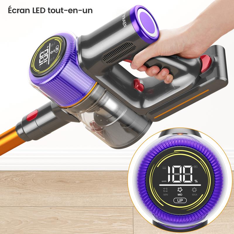 FYRAEN F01 aspirateur sans fil, 40 000 Pa / 500 W / 50 minutes d’autonomie avec écran LED HD, nettoyage en profondeur, brosse anti-emmêlement pour tapis, sols durs et poils d’animaux. — vignette 3
