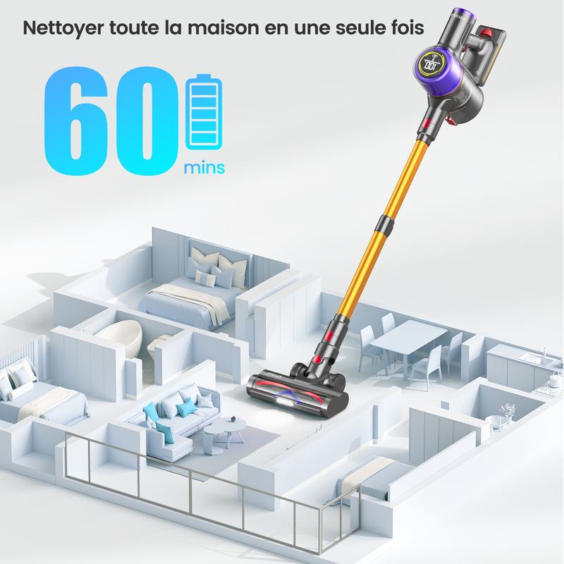 FYRAEN F01 aspirateur sans fil, 40 000 Pa / 500 W / 50 minutes d’autonomie avec écran LED HD, nettoyage en profondeur, brosse anti-emmêlement pour tapis, sols durs et poils d’animaux. — vignette 8