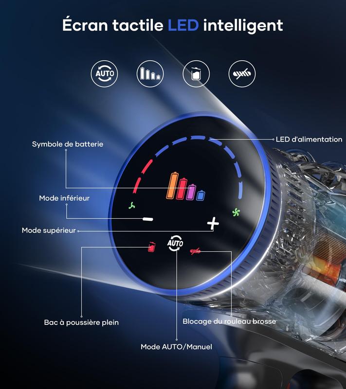FYRAEN V28 aspirateur sans fil 45 000 Pa / 500 W / 50 min, capacité de 1,6 L, super silencieux avec écran intelligent, mode automatique et brosse anti‑emmêlement pour tapis, sols durs et poils d’animaux — vignette 6