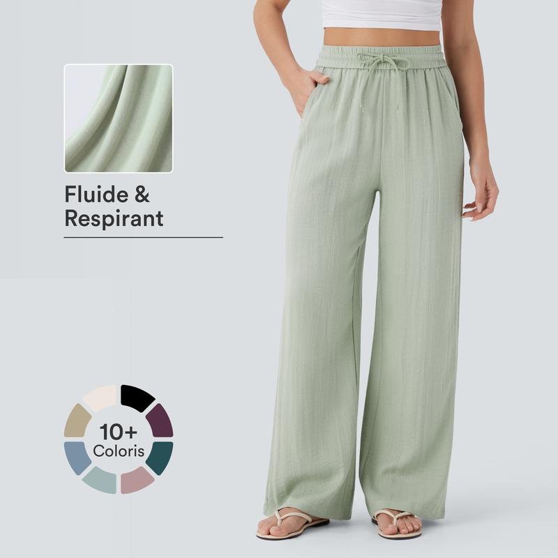Halara Pantalon large fluide taille haute avec cordon de serrage, poches latérales et aspect lin