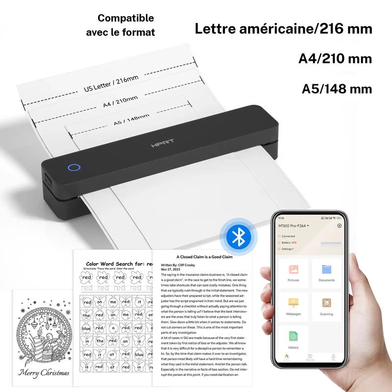 Hanin Imprimante Thermique A4 Portable – Sans Encre, Bluetooth Sans Fil, Idéale pour la Maison et le Bureau, Compatible iOS & Android, Parfaite comme Cadeau — vignette 8