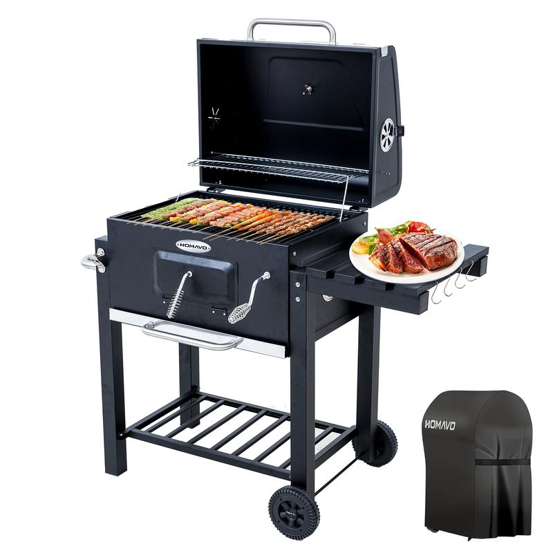 HOMAVO Barbecue Charbon de Bois avec Couvercle, Surface de Cuisson : 56×42,5 cm, Bac à Charbon Réglable en Hauteur, Table Latérale Pliable, Housse de Protection Incluse