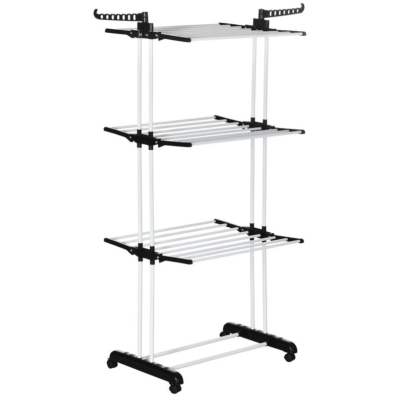 HOMCOM Séchoir étendoir à linge sur roulette pliable 3 niveaux cadre en acier ailes latérales intérieure et extérieure 73 x 64 x 177 cm noir argent