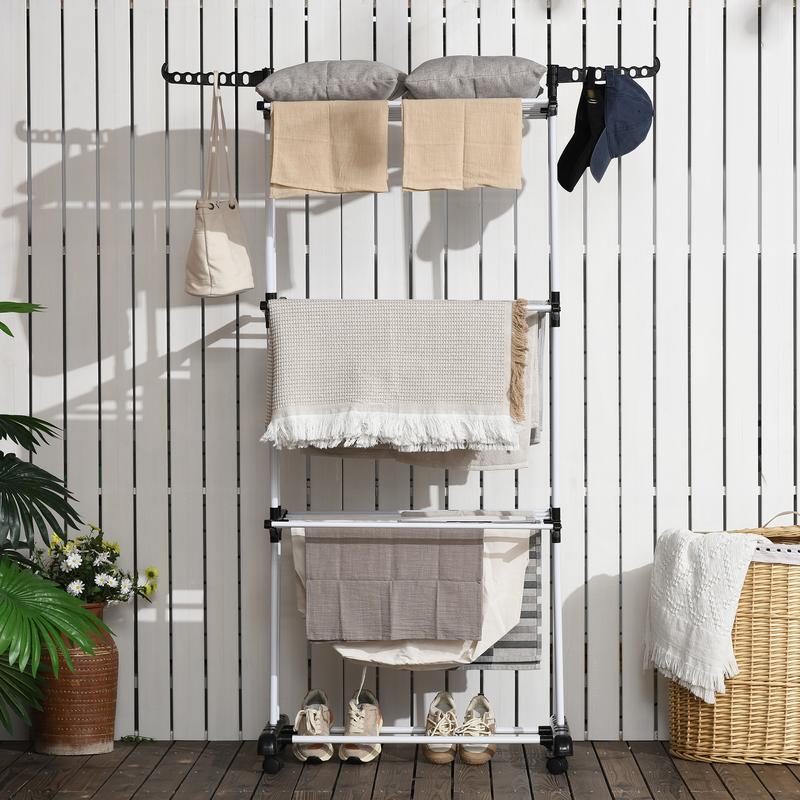 HOMCOM Séchoir étendoir à linge sur roulette pliable 3 niveaux cadre en acier ailes latérales intérieure et extérieure 73 x 64 x 177 cm noir argent — vignette 2