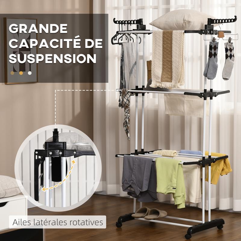 HOMCOM Séchoir étendoir à linge sur roulette pliable 3 niveaux cadre en acier ailes latérales intérieure et extérieure 73 x 64 x 177 cm noir argent — vignette 3