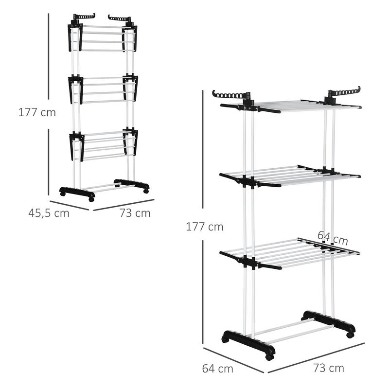 HOMCOM Séchoir étendoir à linge sur roulette pliable 3 niveaux cadre en acier ailes latérales intérieure et extérieure 73 x 64 x 177 cm noir argent — vignette 5