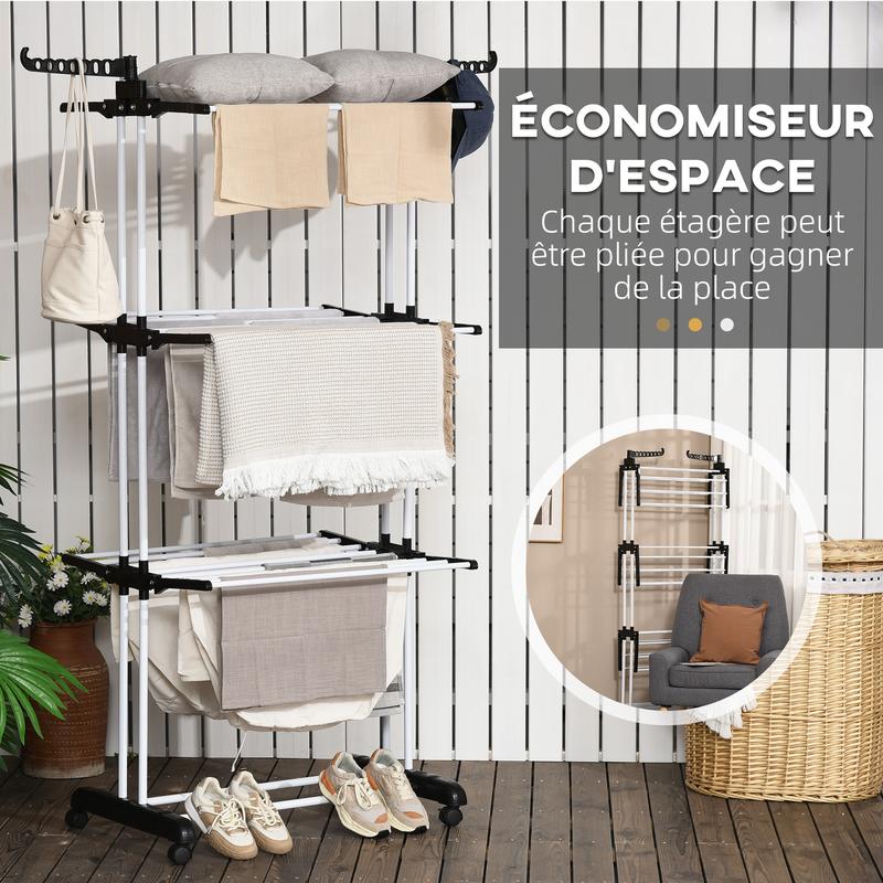 HOMCOM Séchoir étendoir à linge sur roulette pliable 3 niveaux cadre en acier ailes latérales intérieure et extérieure 73 x 64 x 177 cm noir argent — vignette 6