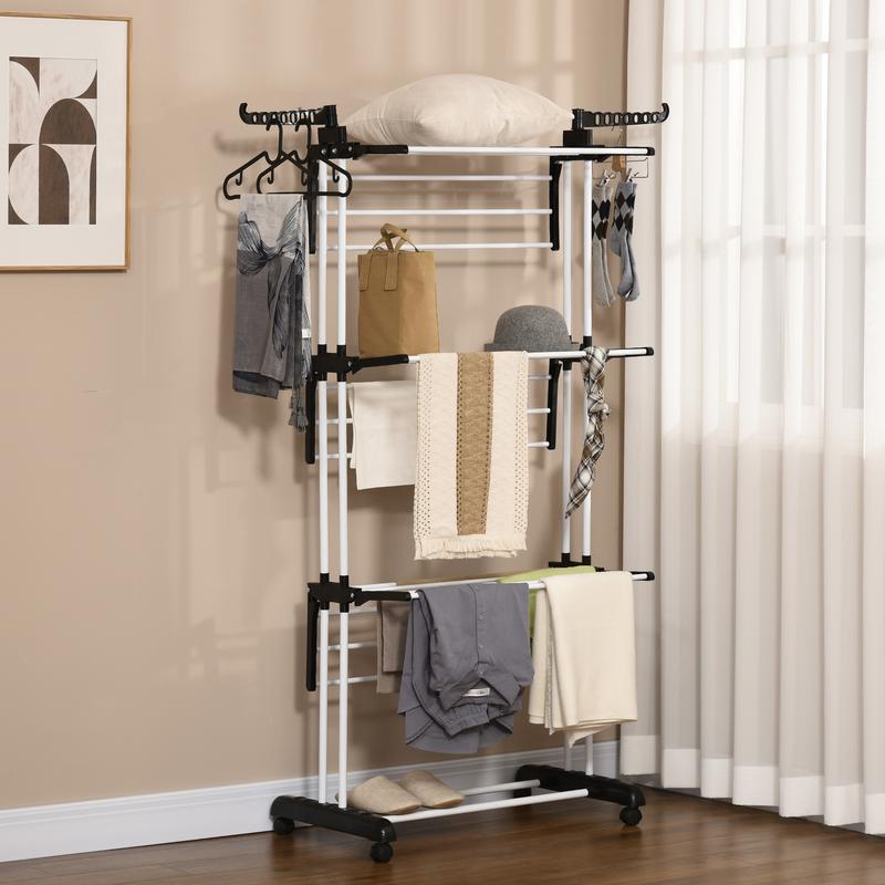 HOMCOM Séchoir étendoir à linge sur roulette pliable 3 niveaux cadre en acier ailes latérales intérieure et extérieure 73 x 64 x 177 cm noir argent — vignette 7