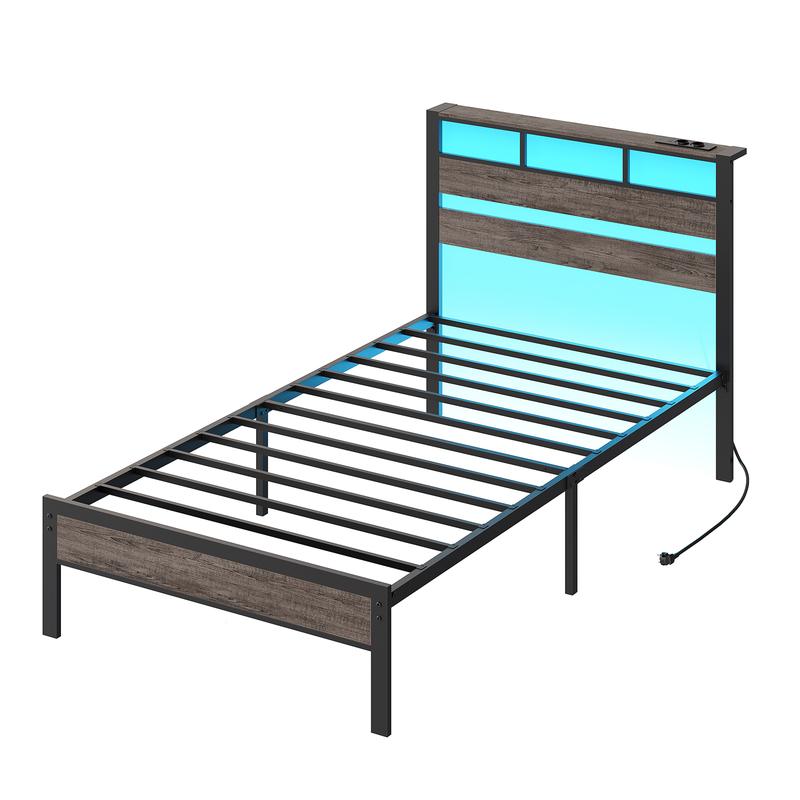 HOOBRO Lit avec Sommier Métal, LED, Multiprise et Espace de Rangement, 2AC, 2USB-A, Cadre de Lit Une Place avec Cadre de Chevet, pour Chambre, Chambre d’Invité, Noir Charbon