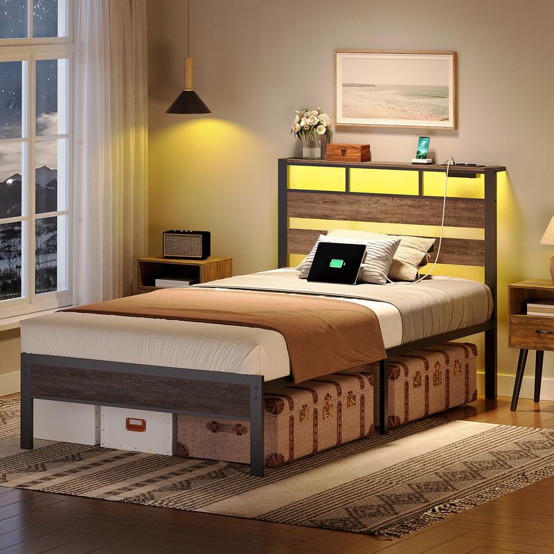 HOOBRO Lit avec Sommier Métal, LED, Multiprise et Espace de Rangement, 2AC, 2USB-A, Cadre de Lit Une Place avec Cadre de Chevet, pour Chambre, Chambre d’Invité, Noir Charbon — vignette 2