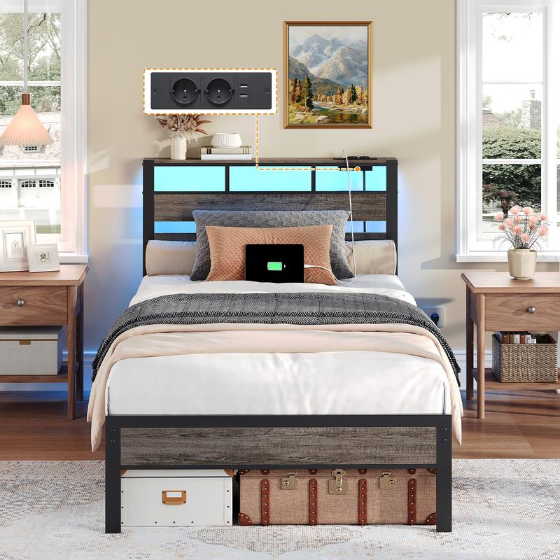 HOOBRO Lit avec Sommier Métal, LED, Multiprise et Espace de Rangement, 2AC, 2USB-A, Cadre de Lit Une Place avec Cadre de Chevet, pour Chambre, Chambre d’Invité, Noir Charbon — vignette 3