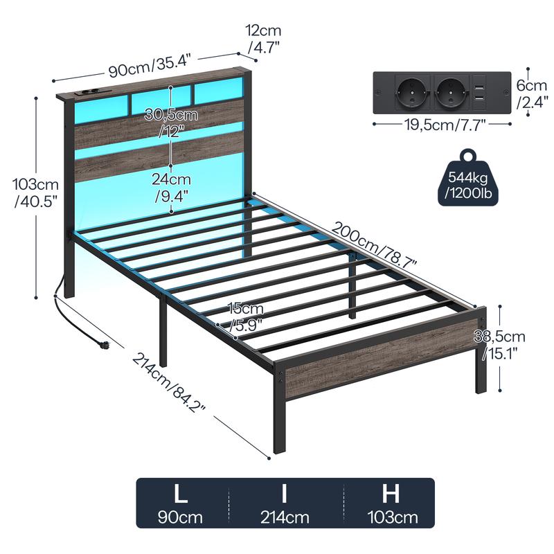 HOOBRO Lit avec Sommier Métal, LED, Multiprise et Espace de Rangement, 2AC, 2USB-A, Cadre de Lit Une Place avec Cadre de Chevet, pour Chambre, Chambre d’Invité, Noir Charbon — vignette 4