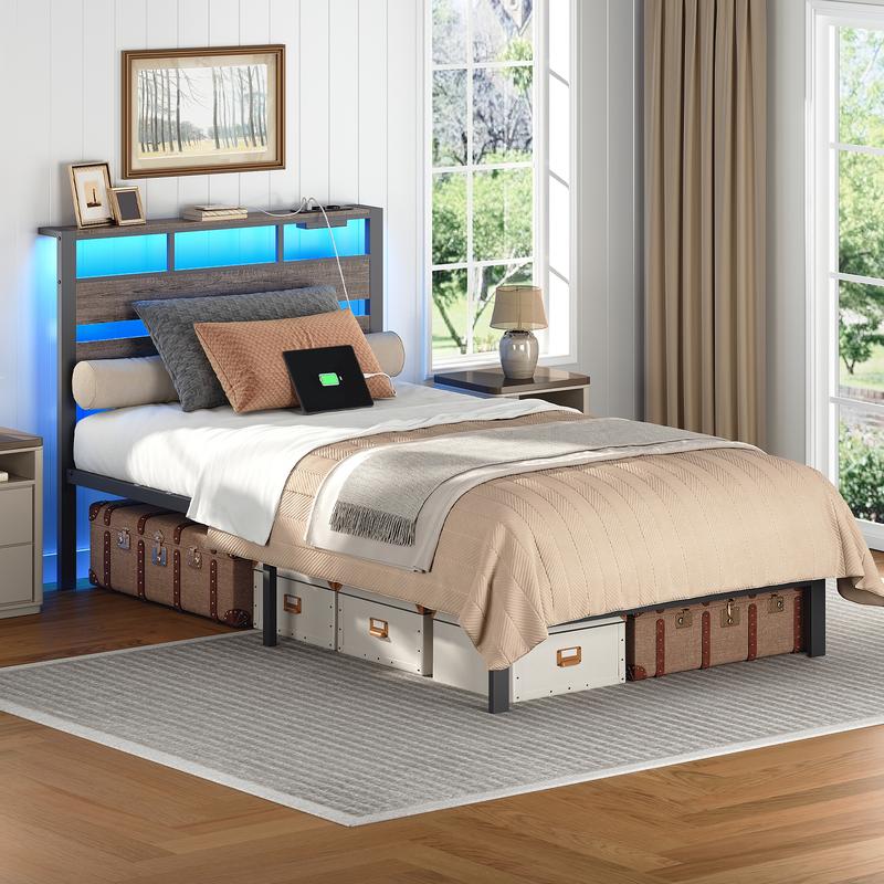HOOBRO Lit avec Sommier Métal, LED, Multiprise et Espace de Rangement, 2AC, 2USB-A, Cadre de Lit Une Place avec Cadre de Chevet, pour Chambre, Chambre d’Invité, Noir Charbon — vignette 6