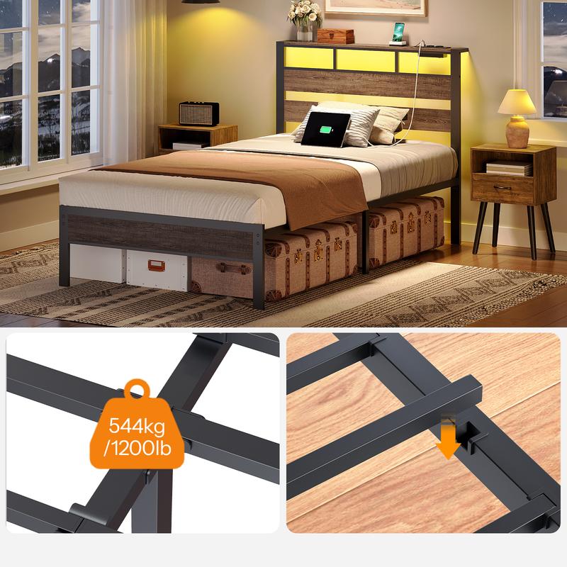 HOOBRO Lit avec Sommier Métal, LED, Multiprise et Espace de Rangement, 2AC, 2USB-A, Cadre de Lit Une Place avec Cadre de Chevet, pour Chambre, Chambre d’Invité, Noir Charbon — vignette 7