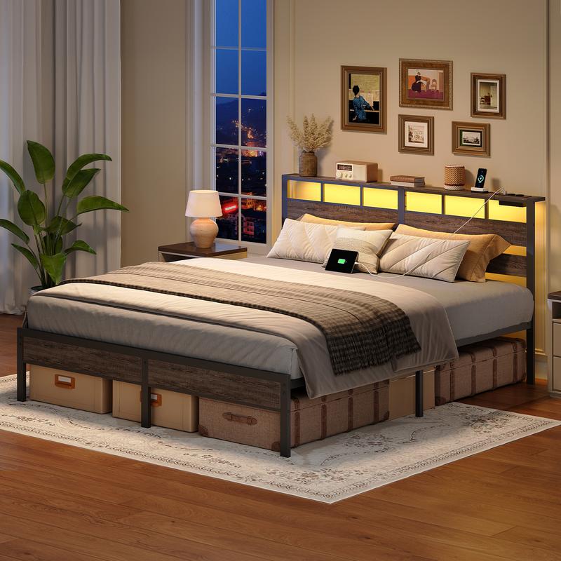 HOOBRO Lit avec Sommier Métal, LED, Multiprise et Espace de Rangement, 2AC, 2USB-A, Cadre de Lit Une Place avec Cadre de Chevet, pour Chambre, Chambre d’Invité, Noir Charbon — vignette 8