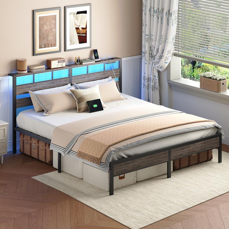 HOOBRO Lit avec Sommier Métal, LED, Multiprise et Espace de Rangement, 2AC, 2USB-A, Cadre de Lit Une Place avec Cadre de Chevet, pour Chambre, Chambre d’Invité, Noir Charbon — vignette 9