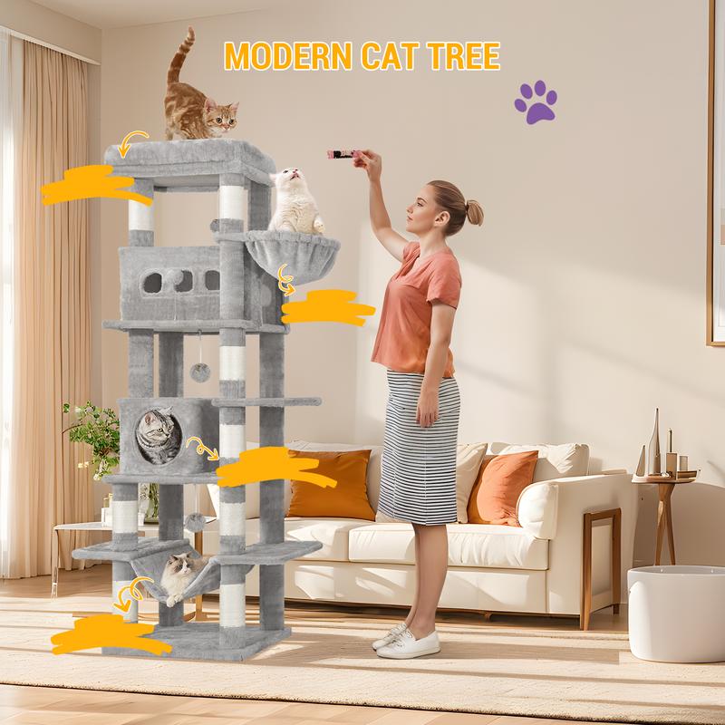 Hzuaneri Arbre à chat grand de 170 cm, tour pour chats Maine Coon et grands chats, arbre à chat multi-niveaux avec grande barre d’assise, tapis lavable, mobilier de maison pour chats avec 2 grottes, 8 arbres à chat — vignette 2