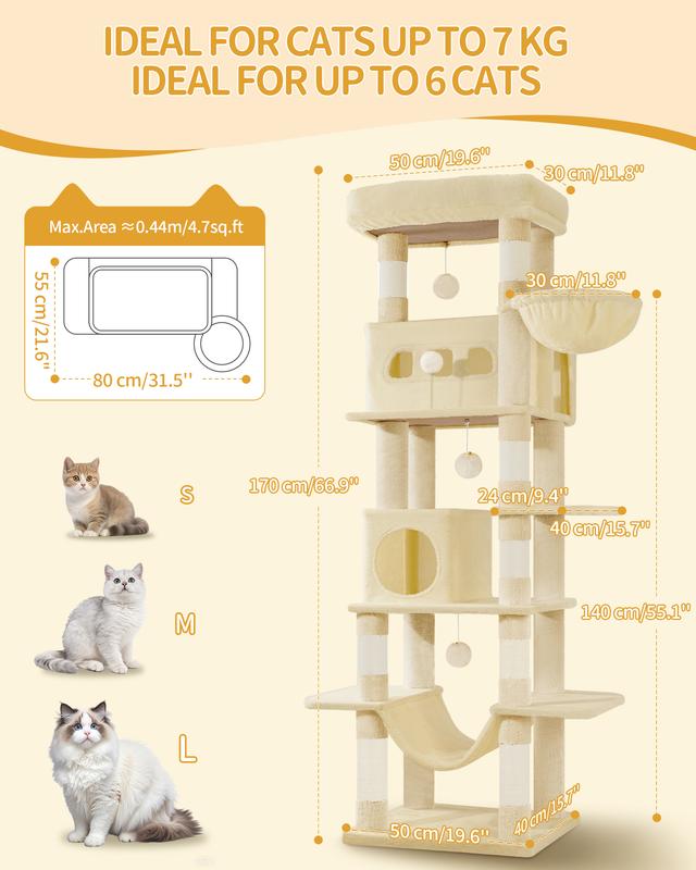 Hzuaneri Arbre à chat grand de 170 cm, tour pour chats Maine Coon et grands chats, arbre à chat multi-niveaux avec grande barre d’assise, tapis lavable, mobilier de maison pour chats avec 2 grottes, 8 arbres à chat — vignette 3
