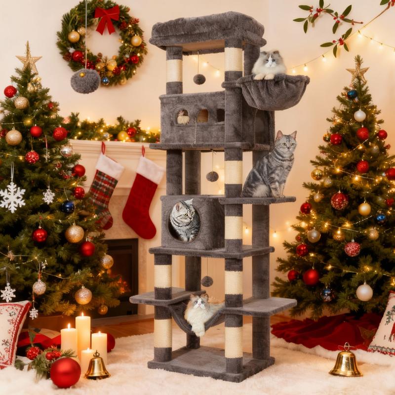 Hzuaneri Arbre à chat grand de 170 cm, tour pour chats Maine Coon et grands chats, arbre à chat multi-niveaux avec grande barre d’assise, tapis lavable, mobilier de maison pour chats avec 2 grottes, 8 arbres à chat — vignette 4