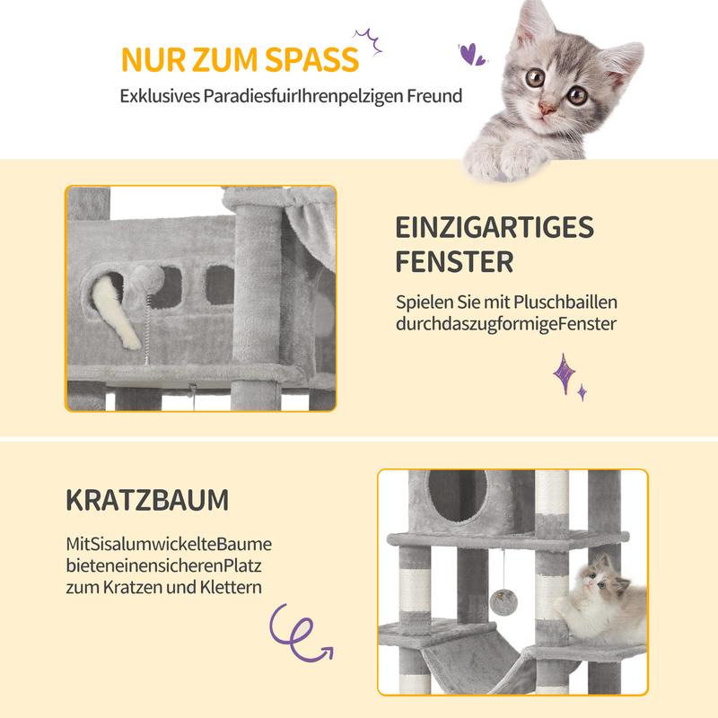 Hzuaneri Arbre à chat grand de 170 cm, tour pour chats Maine Coon et grands chats, arbre à chat multi-niveaux avec grande barre d’assise, tapis lavable, mobilier de maison pour chats avec 2 grottes, 8 arbres à chat — vignette 5