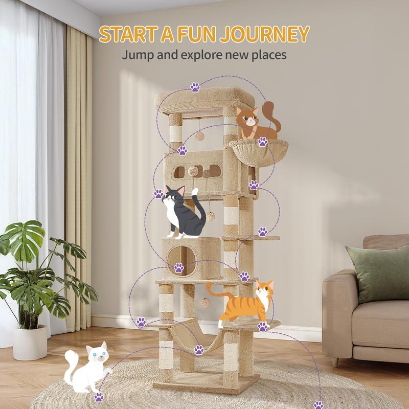Hzuaneri Arbre à chat grand de 170 cm, tour pour chats Maine Coon et grands chats, arbre à chat multi-niveaux avec grande barre d’assise, tapis lavable, mobilier de maison pour chats avec 2 grottes, 8 arbres à chat — vignette 6