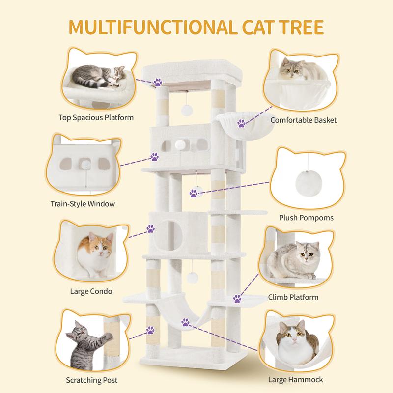 Hzuaneri Arbre à chat grand de 170 cm, tour pour chats Maine Coon et grands chats, arbre à chat multi-niveaux avec grande barre d’assise, tapis lavable, mobilier de maison pour chats avec 2 grottes, 8 arbres à chat — vignette 7