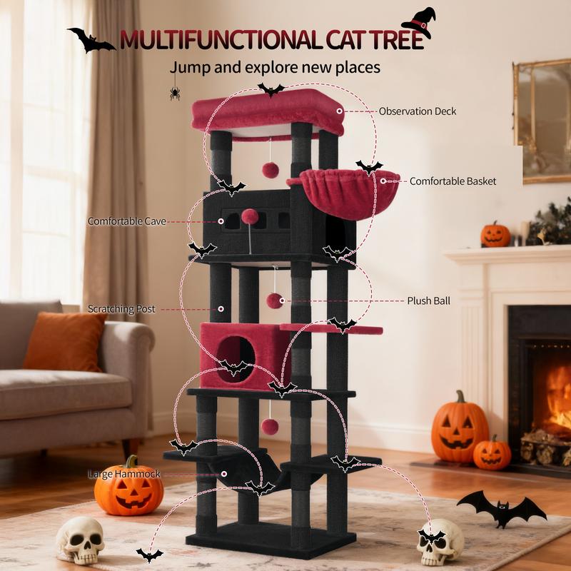 Hzuaneri Arbre à chat grand de 170 cm, tour pour chats Maine Coon et grands chats, arbre à chat multi-niveaux avec grande barre d’assise, tapis lavable, mobilier de maison pour chats avec 2 grottes, 8 arbres à chat — vignette 8