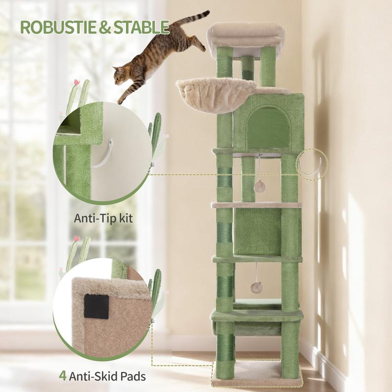 Hzuaneri Arbre à chat grand de 170 cm, tour pour chats Maine Coon et grands chats, arbre à chat multi-niveaux avec grande barre d’assise, tapis lavable, mobilier de maison pour chats avec 2 grottes, 8 arbres à chat — vignette 9