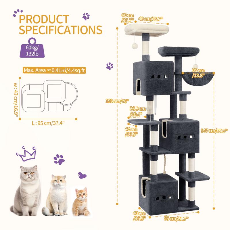 Hzuaneri Arbre à griffer pour chat, grand (193 cm), arbre à griffer XXL, tour à griffer pour chats de race Maine Coon (grands chats), arbre à griffer à 7 niveaux, arbre à griffer avec 3 grottes, 6 arbres à griffer — vignette 3
