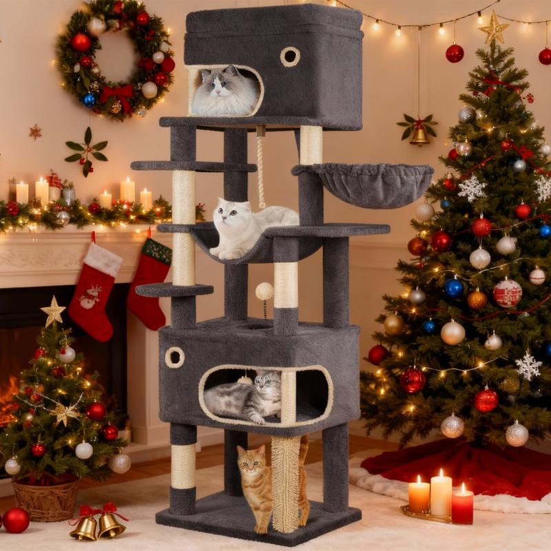 Hzuaneri arbre à griffer pour chats, 178 cm, avec grande plateforme, 2 niches, 7 poteaux à griffer, pompons, coins de repos, hamac, convient à toutes les races de chats — vignette 2
