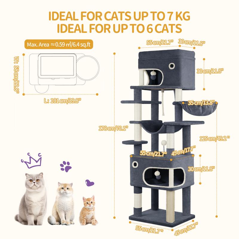 Hzuaneri arbre à griffer pour chats, 178 cm, avec grande plateforme, 2 niches, 7 poteaux à griffer, pompons, coins de repos, hamac, convient à toutes les races de chats — vignette 3