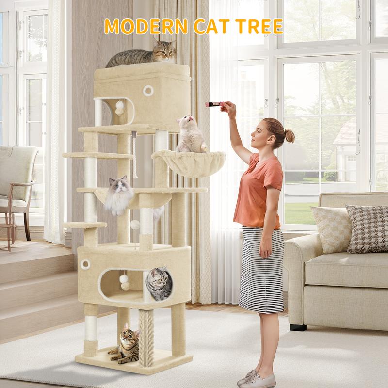 Hzuaneri arbre à griffer pour chats, 178 cm, avec grande plateforme, 2 niches, 7 poteaux à griffer, pompons, coins de repos, hamac, convient à toutes les races de chats — vignette 4