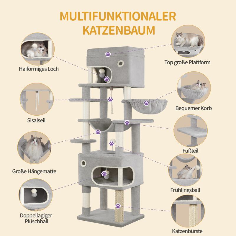 Hzuaneri arbre à griffer pour chats, 178 cm, avec grande plateforme, 2 niches, 7 poteaux à griffer, pompons, coins de repos, hamac, convient à toutes les races de chats — vignette 5