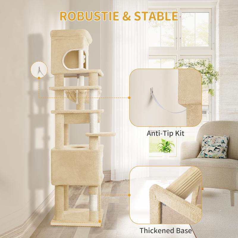 Hzuaneri arbre à griffer pour chats, 178 cm, avec grande plateforme, 2 niches, 7 poteaux à griffer, pompons, coins de repos, hamac, convient à toutes les races de chats — vignette 7