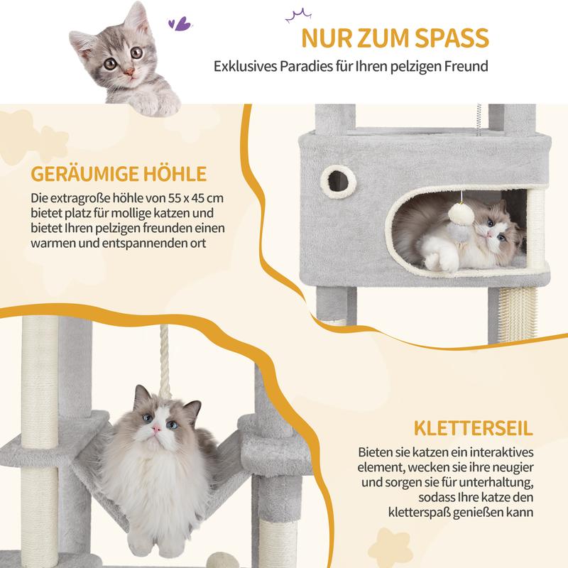 Hzuaneri arbre à griffer pour chats, 178 cm, avec grande plateforme, 2 niches, 7 poteaux à griffer, pompons, coins de repos, hamac, convient à toutes les races de chats — vignette 8
